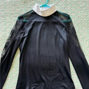 Black Long-Sleeve Top with White Mock Collar and Lace Shoulders